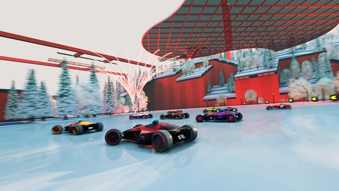 Cars set off from the start line in Trackmania