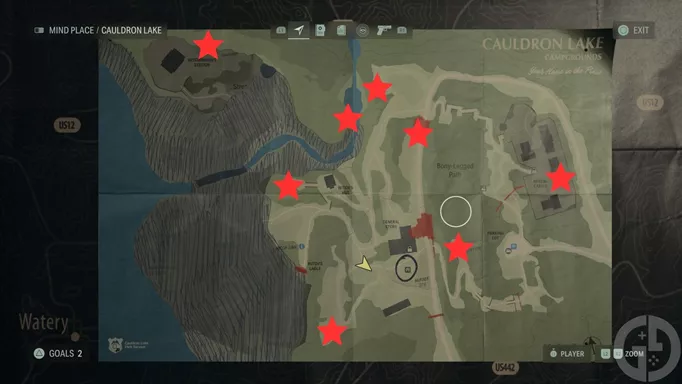 A map showing the locations of all the lunchboxes in Cauldron Lake in Alan Wake 2