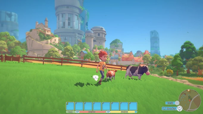 The player walks through a field with a city in the background in My Time at Portia