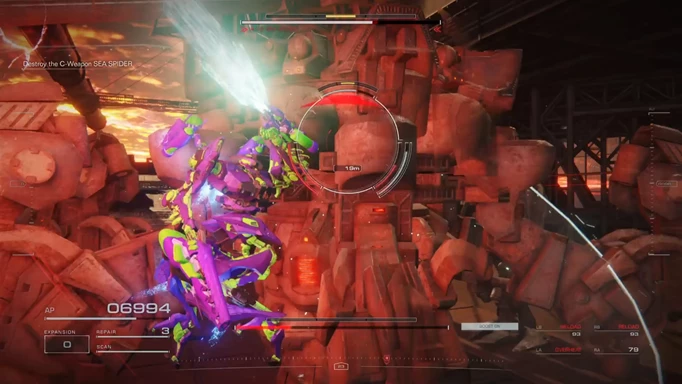 Image of the player using a melee attack on the Sea Spider boss in Armored Core 6