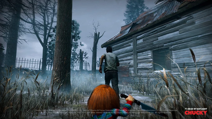 Chucky chases a poor unfortunate Dwight in third-person in Dead by Daylight