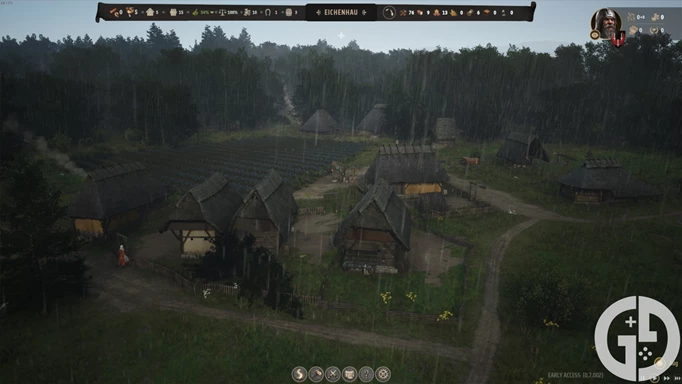 Image of rain over a settlement in Manor Lords