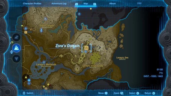 Screenshot of the Zora's Domain map location in Zelda: Tears of the Kingdom