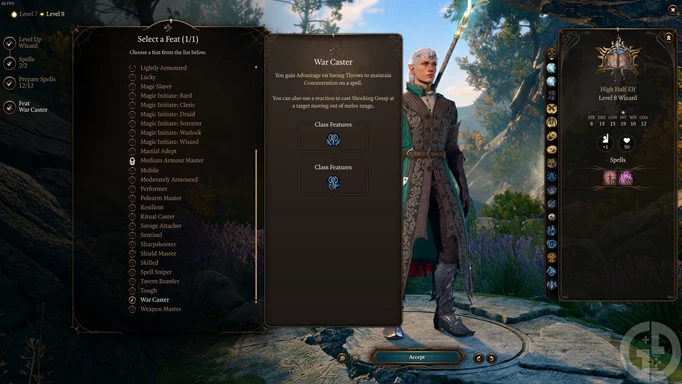 Screenshot showing the level 8 screen for a Wizard in Baldur's Gate 3