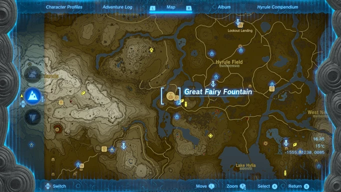 Screenshot of the Great Fairy Fountain Kaysa map location in Zelda: Tears of the Kingdom