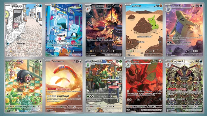 A selection of illustration rares from the Pokemon TCG including Slowpoke, Eiscue, Fletchinder, Larvitar, Tyranitar, Lechonk, Orthworm, Scovillain, Scizor and Kingambit.