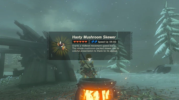 Image shows Link cooking the Hasty Mushroom Skewer, one of the best cooking recipes in Zelda: Tears of the Kingdom