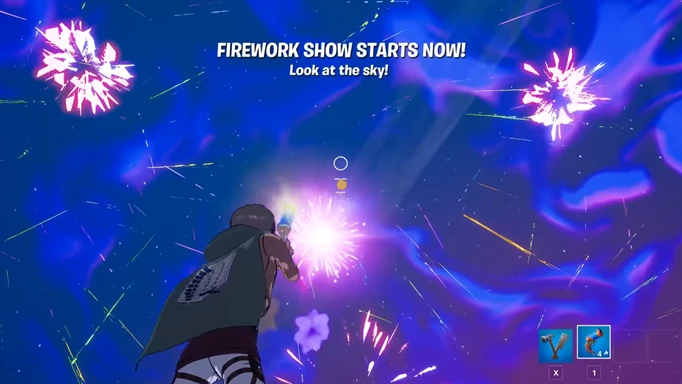 The fireworks show has begun, and the player is launching fireworks into the sky, with many fireworks already going off