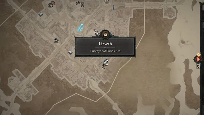 the Diablo 4 map location of Lizveth in Kyovashad, a Curiosity Vendor who accepts Murmuring Obols as currency