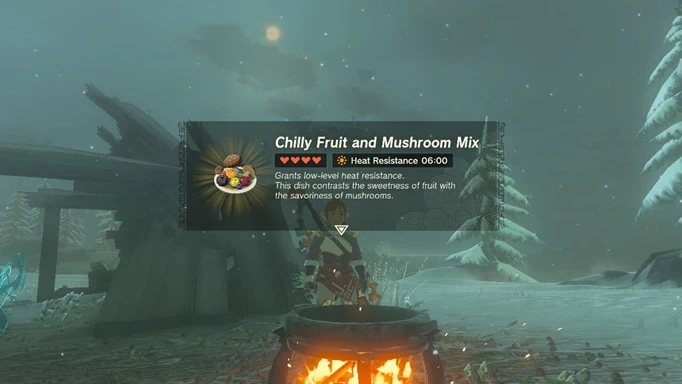 Image shows Chilly Fruit and Mushroom Mix recipe in Zelda: Tears of the Kingdom