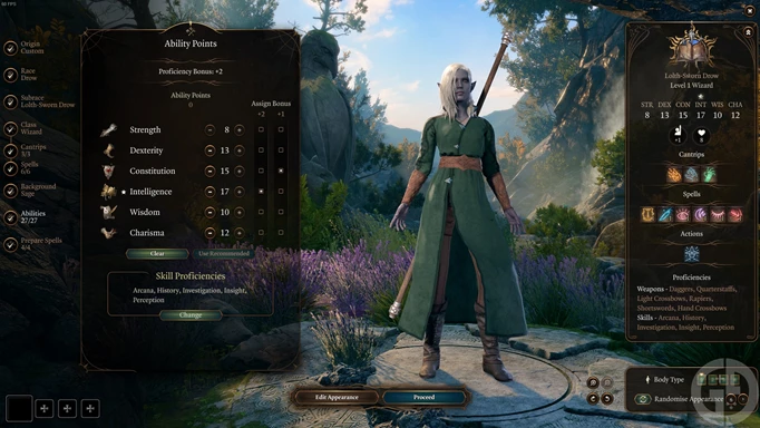 screenshot showing a wizard's ability points in baldur's gate 3
