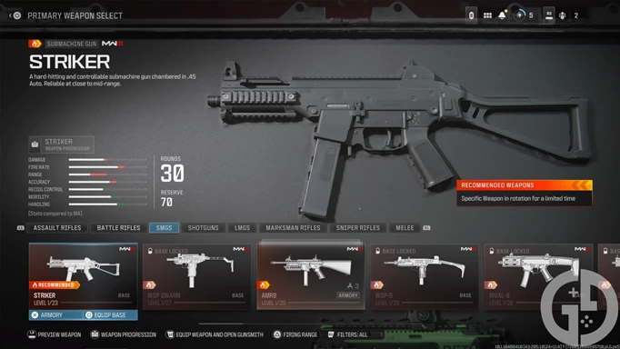 Image of the STRIKER in the SMGs section of MW3