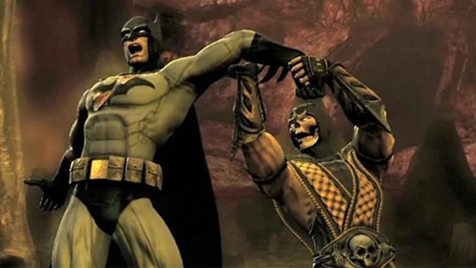 Scorpion breaks Batman's arm in Mortal Kombat vs. DC Universe.