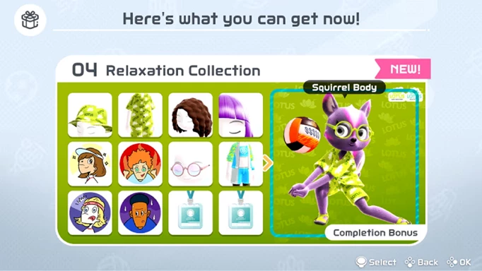 The available items in the Relaxation Collection, including the Nintendo Switch Sports squirrel suit.