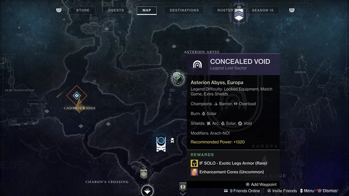 Destiny 2 Concealed Void Lost Sector shown on a map.