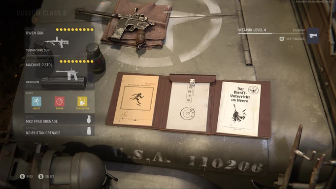 A loadout menu with dossier folders on a crate.