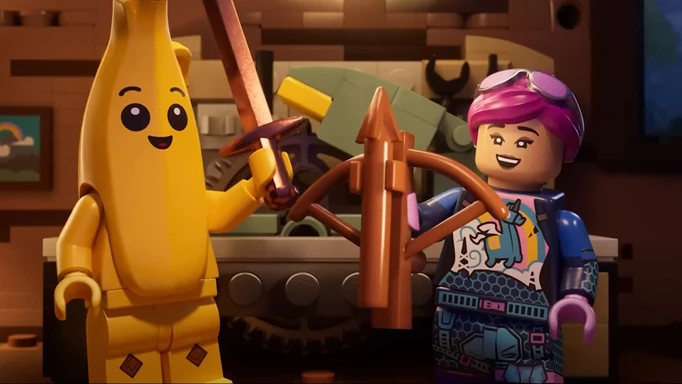 Brite Bomber and Peely crafting weapons in LEGO Fortnite.