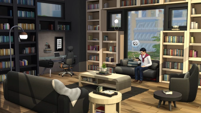 A Sim sat in a sofa surrounded by items from the Sims 4 Book Nook kit