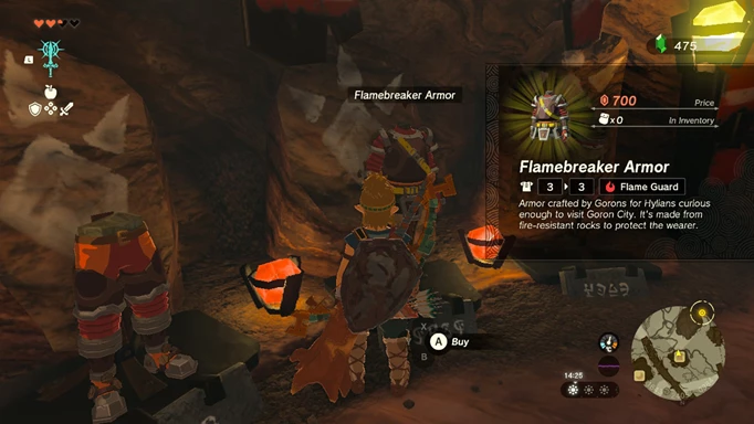 Buying Flamebreaker Armour at the Goron City armour shop in Goron City