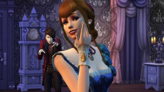 Un sim în Sims 4 cu un vampir în fundal