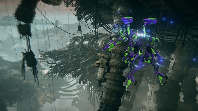 Image of a mech flying through a destroyed city in Armored Core 6