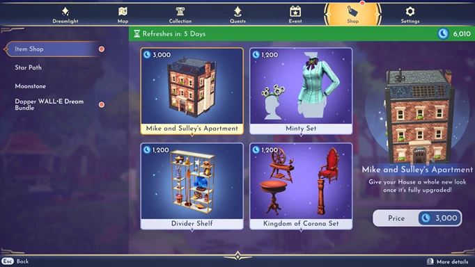 Screenshot showing what's in the Disney Dream Light Valley Premium Shop this week.