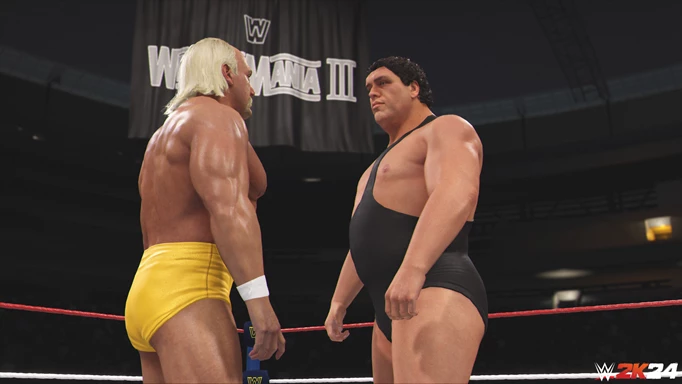 Hulk Hogan faces off against Andre the Giant in WWE 2K24.