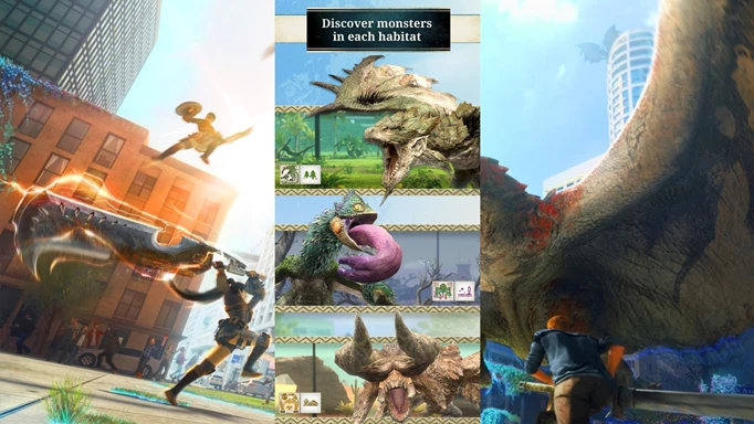 Key art for Monster Hunter Now with text "Discover Monsters in each habitat"