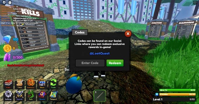 The code redemption screen for LootQuest in Roblox