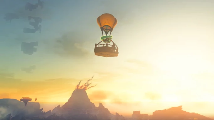 Link flying through the sky in a balloon made of Zonai materials