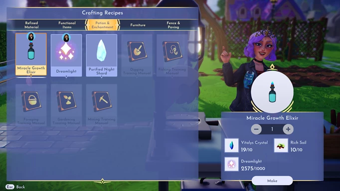 Screenshot of crafting the Miracle Growth Elixir in Disney Dreamlight Valley