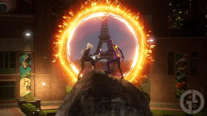 Miles and Black Cat opening a portal before the Dr Strange Easter Egg in Marvel's Spider-Man 2