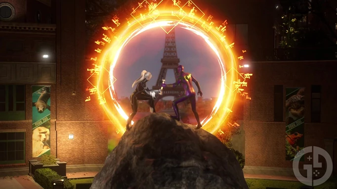 Miles and Black Cat opening a portal before the Dr Strange Easter Egg in Marvel's Spider-Man 2