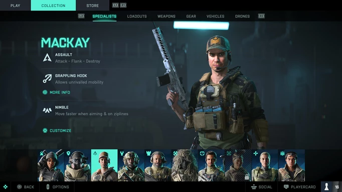 A specialist named MacKay, with his abilities listed on the left.