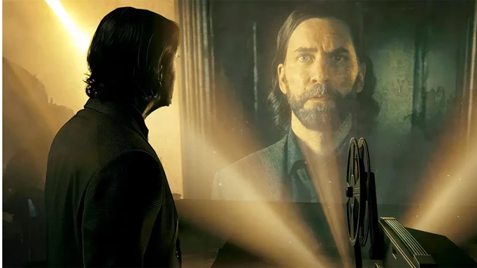 Alan Wake staring at a projection of himself in Alan Wake 2