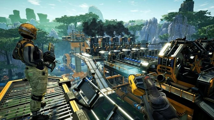 Two players develop a factory in Satisfactory.