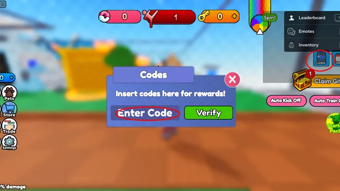 Screenshot showing how to redeem Kickdoor Simulator codes.