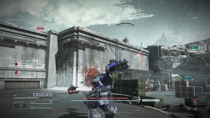 Fighting enemies on a dam in Armored Core 6