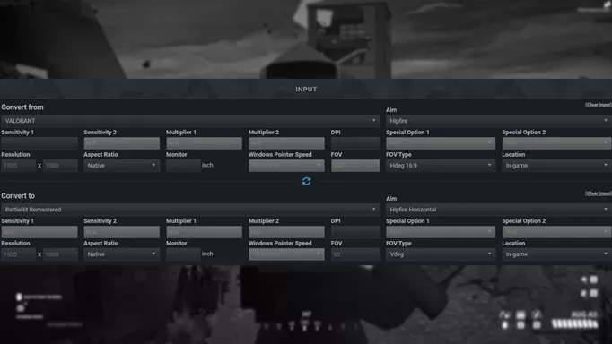The conversion menu from the Mouse Sensitivity website, showing how you can convert your sensitivity settings from VALORANT to Battlebit Remastered