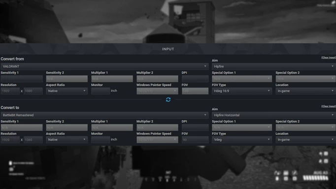 The conversion menu from the Mouse Sensitivity website, showing how you can convert your sensitivity settings from VALORANT to Battlebit Remastered