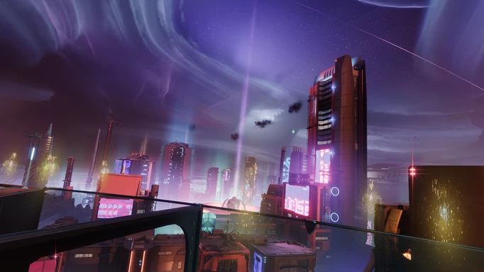 Destiny 2 Lightfall screenshot showing Neomuna at night
