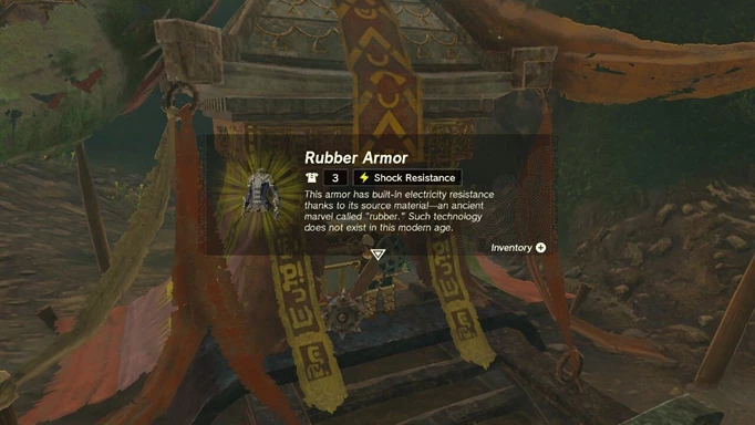 Link examines the Rubber Armor from The Legend of Zelda: Tears of the Kingdom