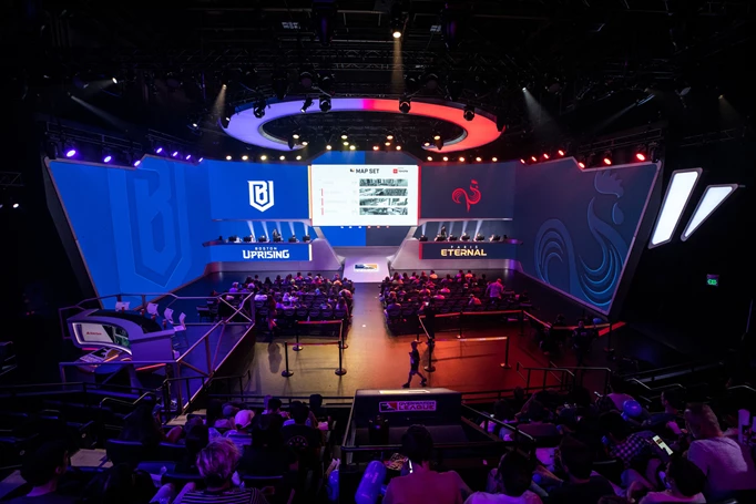 The stage of the match between the Boston Uprising vs the Paris Eternal at the Blizzard Arena in season 2.