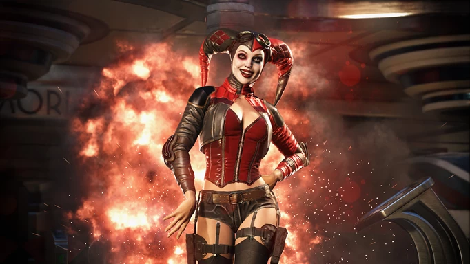 Harley Quinn walks away from an explosion with a maniacal grin