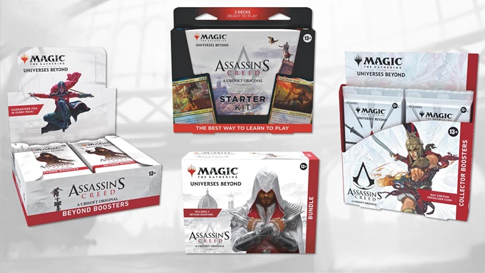 A lineup of Magic The Gathering's Assassin's Creed products