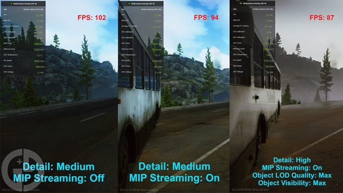 Three images on Lighthouse in Escape from Tarkov showing the differences between MIP Streaming performance benchmarks