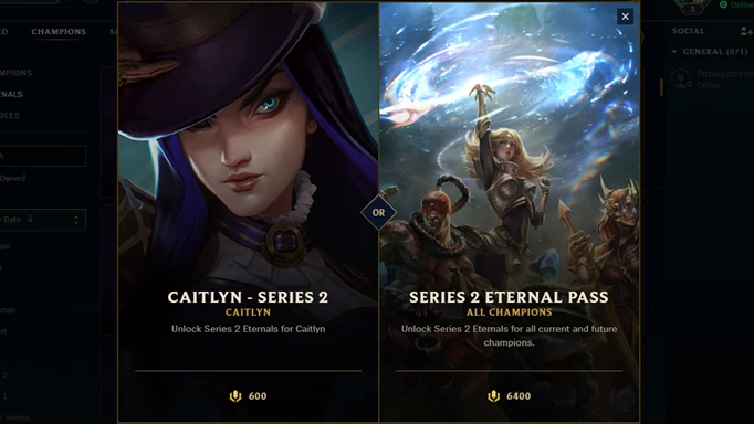 League of Legends Eternals: The store page showing Caitlyn's Series 2 Eternals, and the Series 2 Eternal Pass