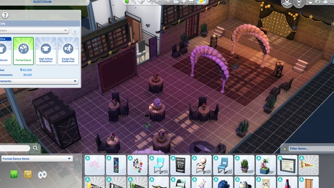 The Sims 4 Prom venue shown in Build/Buy mode