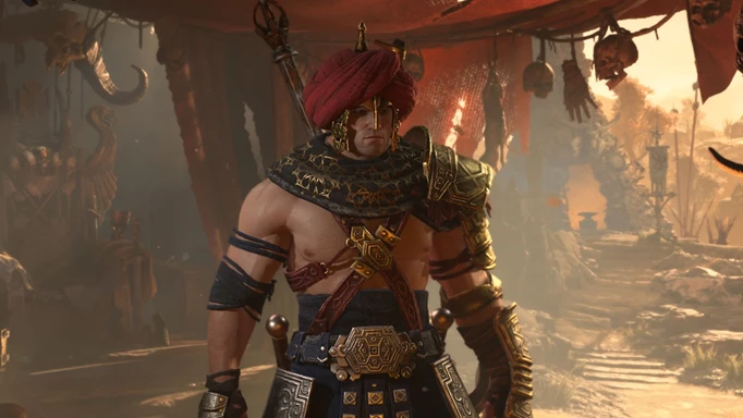 A Barbarian from Diablo 4 standing in a dusty market