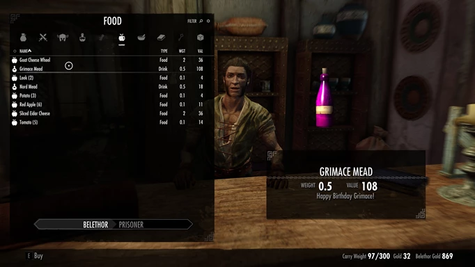 Skyrim's favourite merchant, Belethor, selling the player some Grimace Mead.